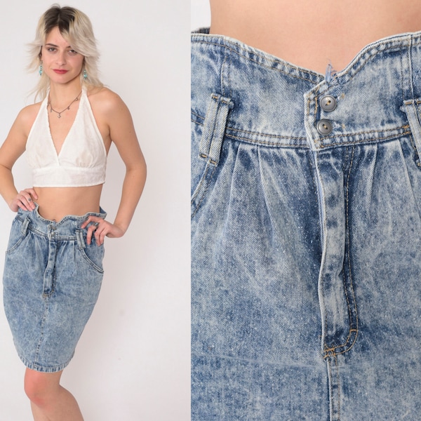 80s Acid Wash Jean Skirt Denim Mini Skirt Jeans Blue Shirred High Waisted Skirt Retro Vintage 1980s Pencil Skirt Wiggle Extra Small xs