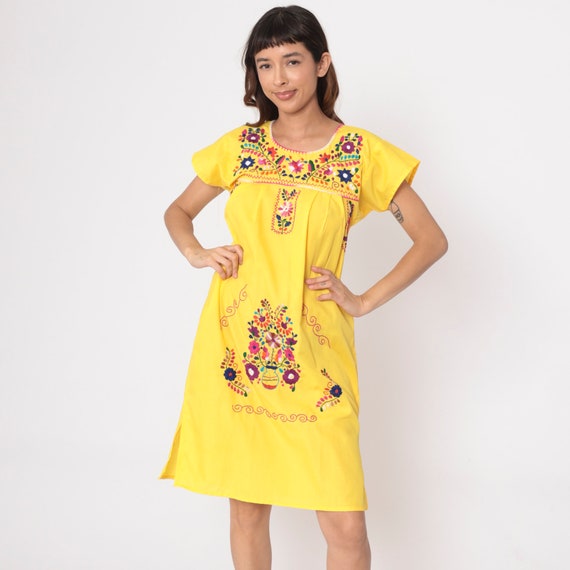 Floral Mexican Dress 90s Yellow Embroidered Midi Dress Hippie Tent Bohemian Puebla Festival Vintage 1990s Cotton Extra Small xs