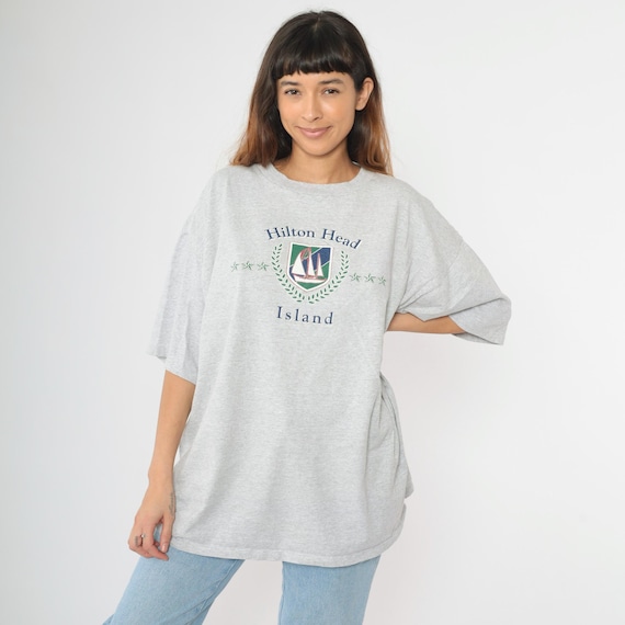 Vintage 90s Hilton Head Island South Carolina T-Shirt Gray Striped Nautical Sailboat Graphic Miller Tee Retro Tshirt XXL
