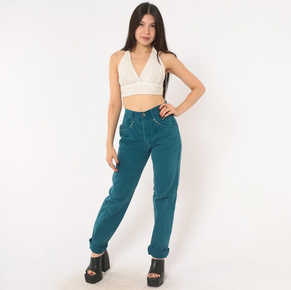 90s Rocky Mountain Jeans Teal Blue High Waist Cotton Denim Mom Pants Western Yoke Tapered Leg Straight Rodeo Women Vintage Extra Small XS