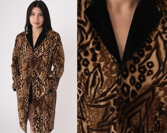 Leopard Faux Fur Coat 80s Jacket Tiger Animal Print Furry Vegan Vintage Bohemian Brown Coat Punk Glam Rock Small S
