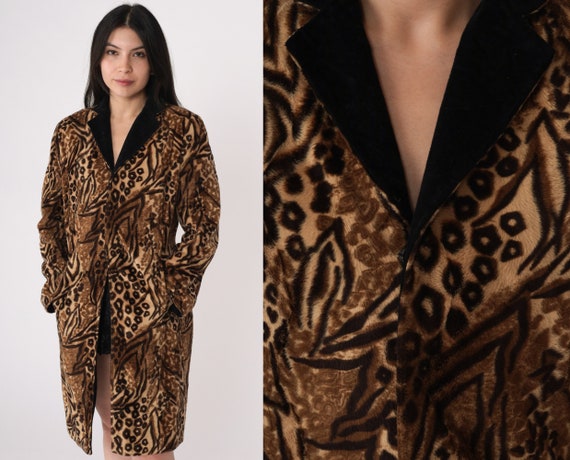 Leopard Faux Fur Coat 80s Jacket Tiger Animal Print Furry Vegan Vintage Bohemian Brown Coat Punk Glam Rock Small S