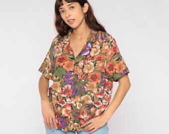 Camisa Tropical dos anos 90 Blusa Floral Botão Up Vintage dos anos 80 Surfista Férias Manga Curta Folha Estampa Retro Top Bolso Multicolorido Extra Grande xl
