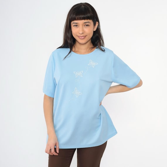 Vintage Beaded Butterfly Top 90s Light Blue Poly Knit Short Sleeve T-Shirt Iridescent Glitter Blouse Pastel Microbead 1990s Oversized Medium