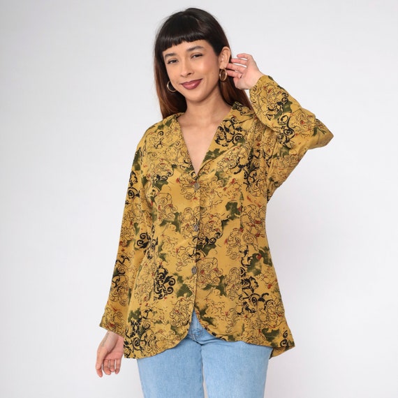 Baroque Inspired Silk Shirt 90s Ornate Floral Button Up Blouse Mustard Yellow Abstract Retro Long Sleeve Top Vintage 1990s Small Medium