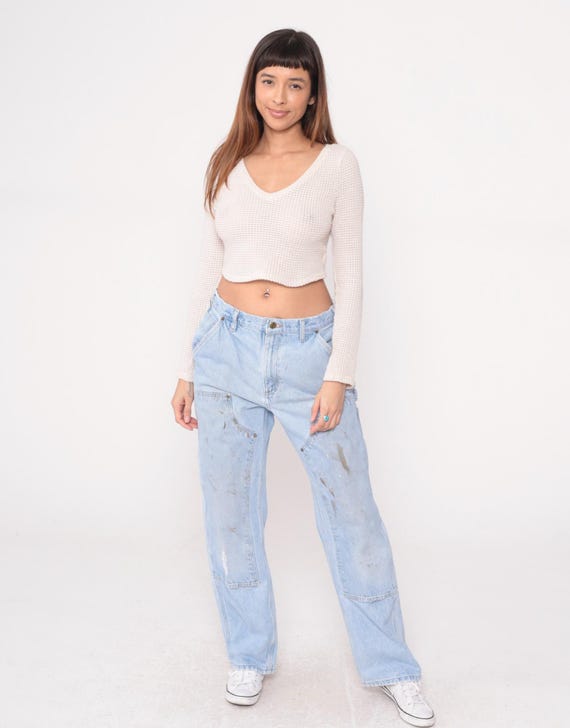 Y2K Carhartt Carpenter Jeans Light Wash Denim Cargo Pants Distressed Wide Leg Baggy Workwear Utility Paint Splatter Blue Grunge 32