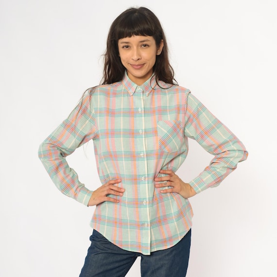 Pastel Plaid Button Down 90s Shirt Long Sleeve Collared Preppy Mint Green Pink Orange Blue Yellow Chest Pocket Classic Casual Medium M