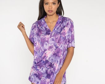 70s Floral Blouse Purple Flower Top V Neck Shirt Bohemian Short Sleeve Tunic Summer Print 1970s Vintage Boho Hippie Extra Large xl
