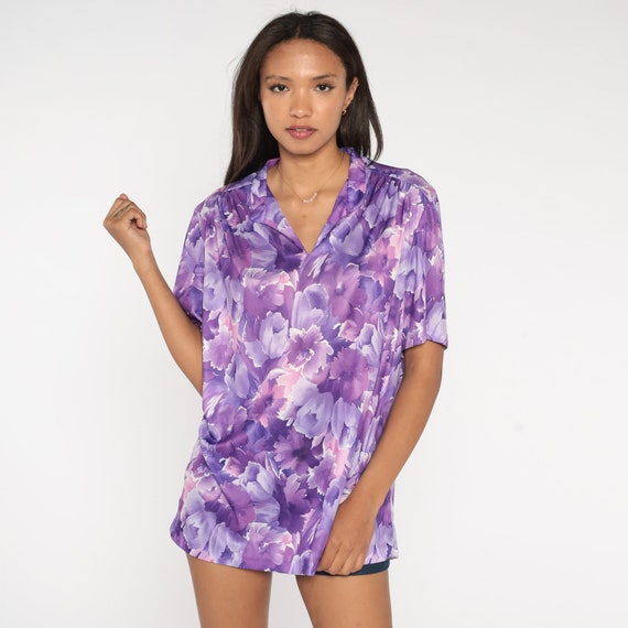70s Floral Blouse Purple Flower Top V Neck Shirt Bohemian Short Sleeve Tunic Summer Print 1970s Vintage Boho Hippie Extra Large xl