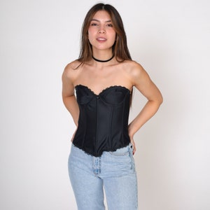 Black Corset Top 90s Bustier Lingerie Bra Boned Strapless Underwire Cropped Sweetheart Neckline Gothic Party Vintage 1990s 36 B Small S 36B