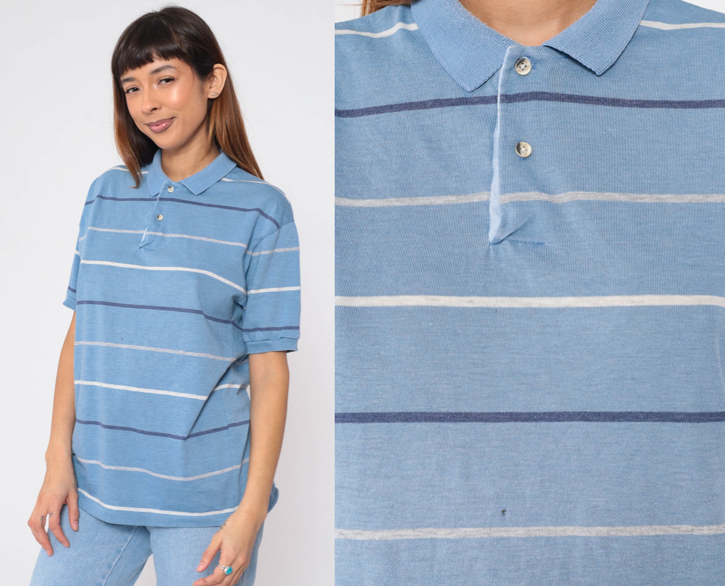 Blue Striped Polo Shirt 80s Collared T-shirt Retro Quarter