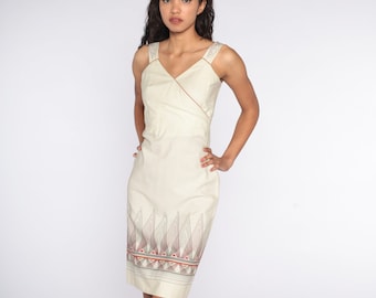 70s Mini Dress Cream Geometric Stripe Dress Sundress Vintage Mod 1970s Sleeveless Sun Dress High Waisted Boho Hippie Extra Small xs 0