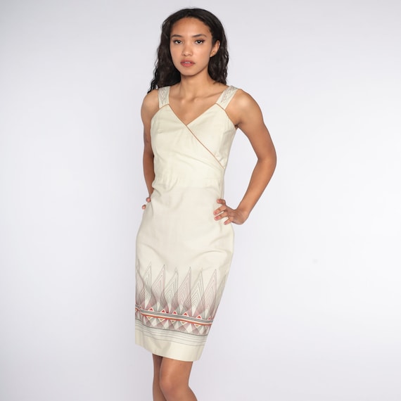 70s Mini Dress Cream Geometric Stripe Dress Sundress Vintage Mod 1970s Sleeveless Sun Dress High Waisted Boho Hippie Extra Small xs 0