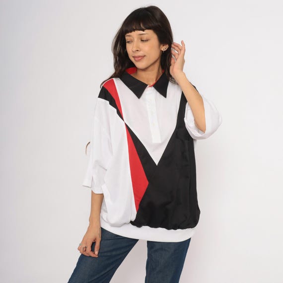 80s Color Block Polo Chevron V Pattern White Black Red Three Quarter Sleeve Cotton Shirt Boxy Fit Tunic Length Vintage Plus Size 3XL XXXL