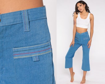 Bell Bottom Jeans 70s Cropped Flare Pants Retro Denim Flares Ankle High Waisted Rise Wide Leg Hippie Blue Jean Vintage 1970s Extra Small xs
