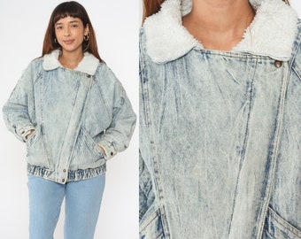 Denim Sherpa Jacket 80s Acid Wash Jean Jacket Shearling Denim Jacket Jean Fleece Trucker Oversize Biker Coat Light Blue 1980s Vintage Large