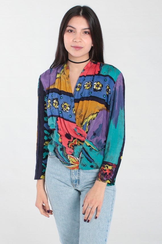 Floral Wrap Blouse 90s Deep V Neck Shirt Floral Blouse Abstract Rayon Long Sleeve Top Boho 1990s Vintage Bohemian Turquoise Blue Small 4