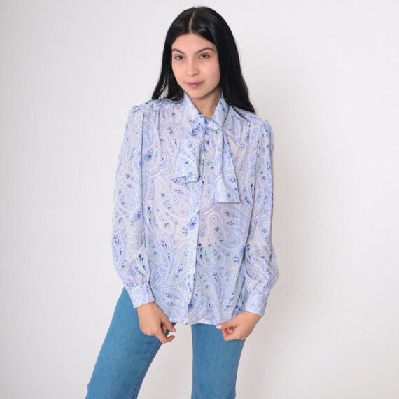 Paisley Ascot Blouse 70s Neck Tie Top Psychedelic Groovy Floral Print Shirt Pussy Bow Button Up Long Puff Sleeve Boho Vintage 1970s Medium M