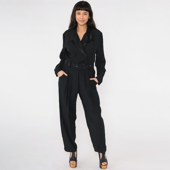 Vintage Black Jumpsuit Double Breasted Button Up 80s 90s One Piece Long Sleeve Wrap Pantsuit Utility Pants Romper Long sleeve Large 14