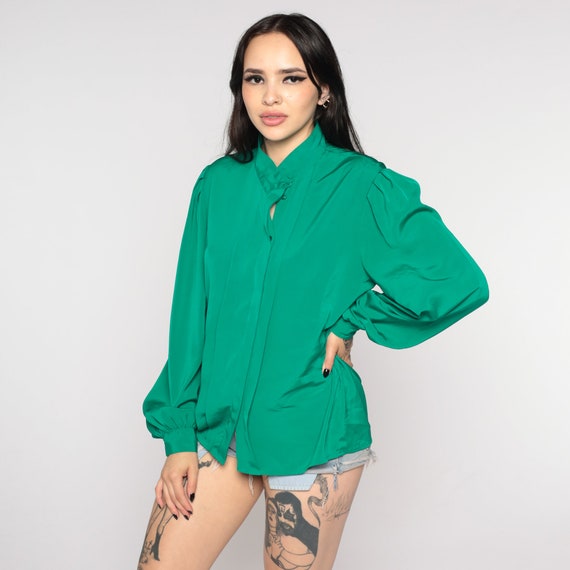 Green Pleated Blouse 80s Secretary Top Long Puff Sleeve Collared Shirt Retro Plain Hidden Button Up Classic Basic Vintage 1980s Medium 10