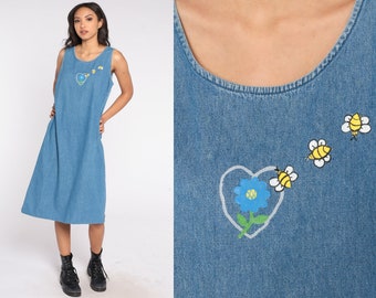 Denim Midi Dress 90s Floral Bumblebee Print Jean Jumper Pinafore Day Grunge Vintage Overall Dress Blue Sleeveless Vintage 1990s Medium Large