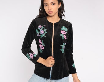Velvet Floral Jacket 80s Black Open Front Blazer Embroidered Flower Print Bohemian Hippie Top Vintage Retro Boho Coat  Retro 1980s Small S