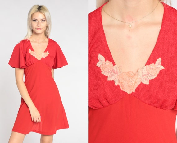 Red Babydoll Dress 70s Mini Dress Floral Lace App… - image 1