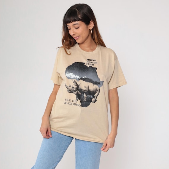 Wildlife Conservation Tee 90s Rhino Rescue Fund Tan Beige Safari Africa Endangered Species Vintage Zoo Society Nature Animal Rights Medium M