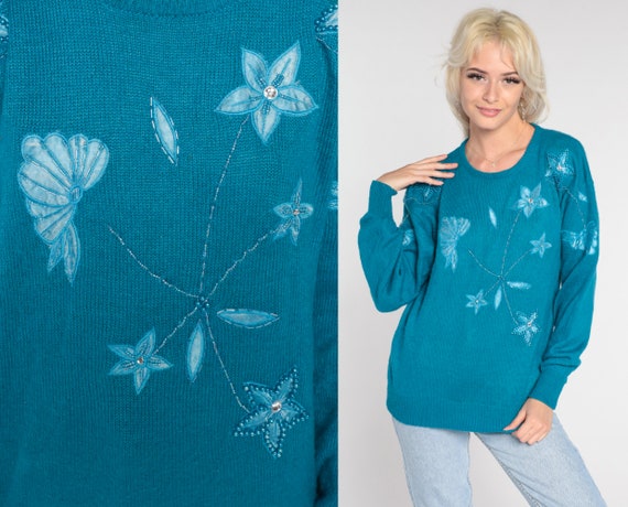 Floral Beaded Sweater Teal Blue 80s Pullover Sweater 1980s Acrylic Blue Knit Retro Vintage Small S