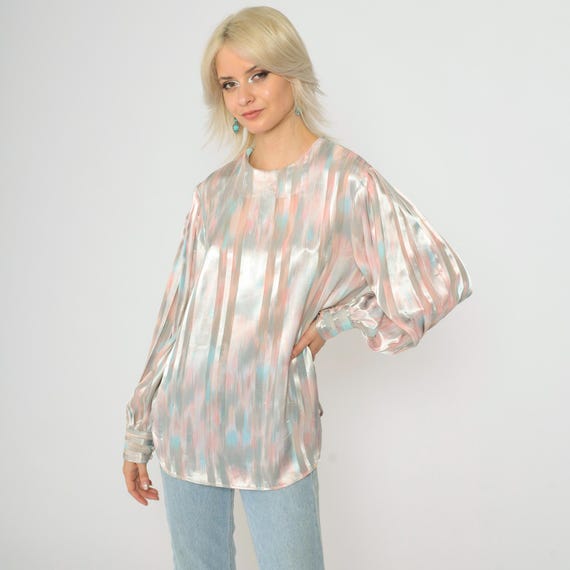 80s Watercolor Satin Shirt Pastel Pleated Sleeve Blouse Vintage Silky Metallic Gold Sheer Stripes Shirt Formal Party Long Sleeve Medium