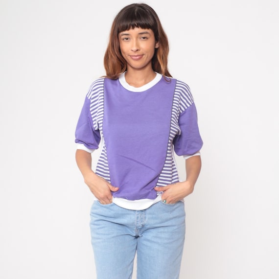 80s Purple Ringer Tee Striped Sleeves White Trim Cotton Crew Neck Colorblock Vintage Lavender Short Sleeve Pullover Sporty Casual Medium M