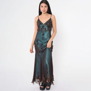 Y2k Papell Boutique Evening Dress Blue Silk Beaded Floral Asymmetrical Hem Vintage Spaghetti Strap Maxi Party 00s Brown V Neck Petite 8