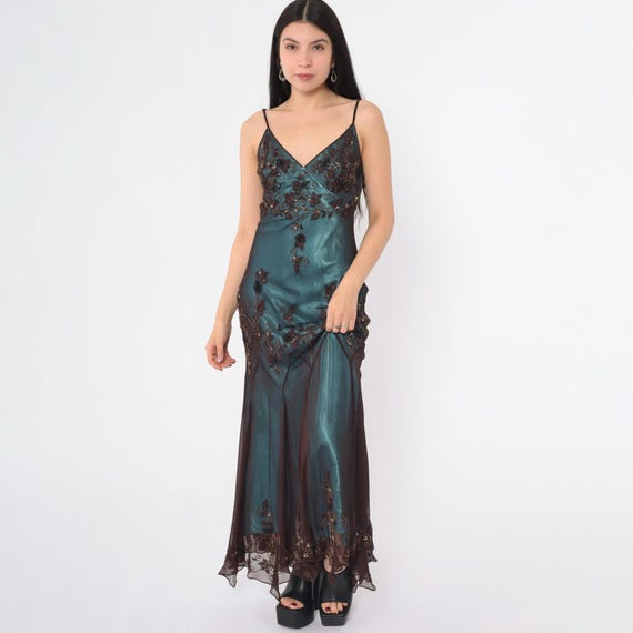 Y2k Papell Boutique Evening Dress Blue Silk Beaded Floral Asymmetrical Hem Vintage Spaghetti Strap Maxi Party 00s Brown V Neck Petite 8