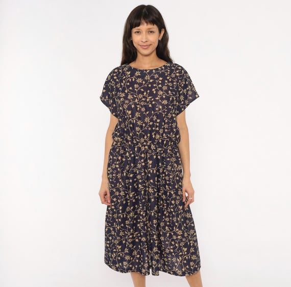 80s Floral Vine Dress Navy Tan Gathered Waist Midi Short Sleeve Round Neck Keyhole Back Semi Sheer Garden Party Vintage Extra Large XL