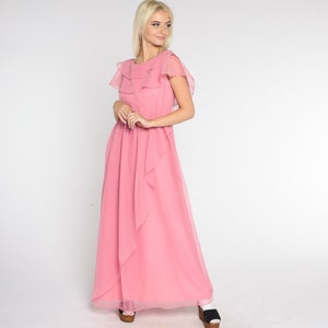 Long Pink Gown 70s Grecian Maxi Party Dress Chiffon Flutter Sleeve High Waist Sheer Capelet Drape Formal Vintage 1970s Extra Small XS S