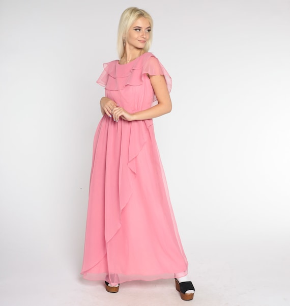 Long Pink Gown 70s Grecian Maxi Party Dress Chiffon Flutter Sleeve High Waist Sheer Capelet Drape Formal Vintage 1970s Extra Small XS S