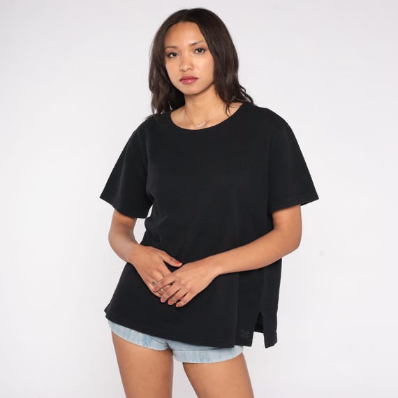 90s Black T Shirt Cotton Blend Crew Neck Short Sleeve Tee Minimalist Vintage Casual Top Streetwear Gym Athleisure Faux Waffle Knit Large L