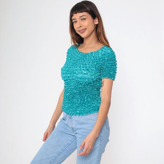 Turquoise Popcorn Shirt Y2K Retro Textured Bright Blue Blouse Short Sleeve Magic Bubble Top Summer Vintage 00s Small Medium xs