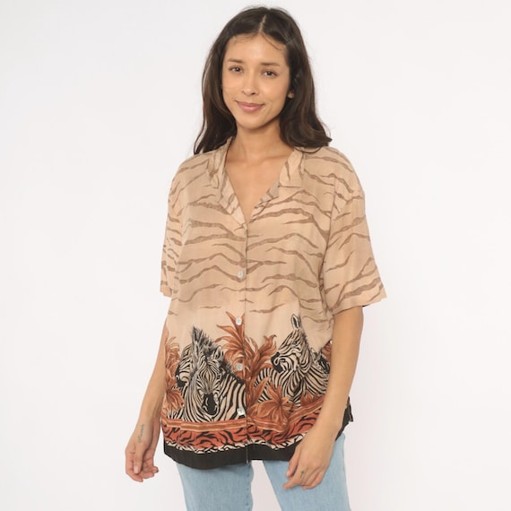 Zebra Safari Shirt 90s Animal Print Button Front Blouse Tan Black Tropical Floral Border Camp Collar Short Sleeve Beige Hawaiian Top Large L