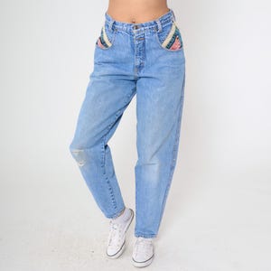 Zena Mom Jeans 90s Color Block Jeans High Waisted Denim Pants Tapered Jeans 1990s Vintage Blue Stone Wash Mixed Media Medium 30