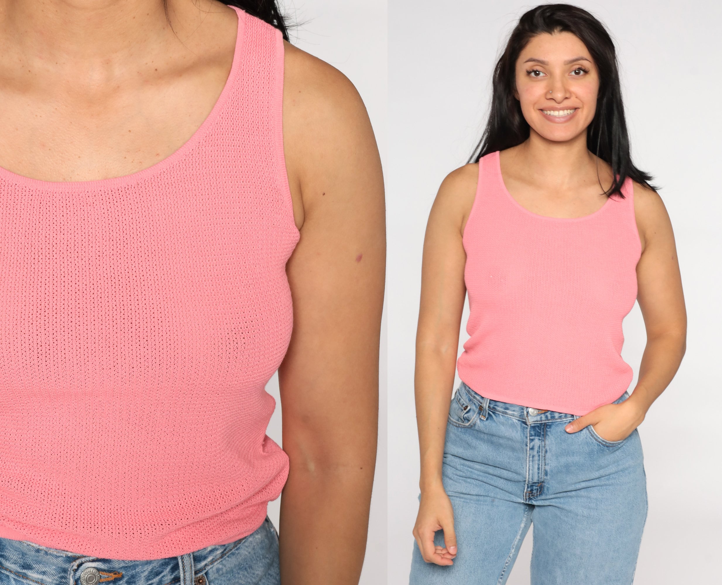 Pink Tank Top Semi-sheer Cotton Knit 
