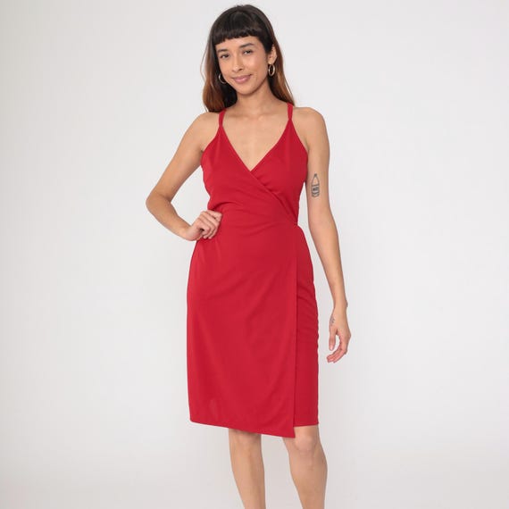 Y2K Red Halter Dress  Wrap V Neck Cross Back Straps Knee Length Sleeveless Tie Waist Crimson Party Cocktail 2000s Vintage Coquette Medium M