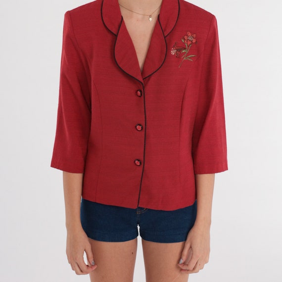 Floral Blazer Jacket Red Embroidered Jacket 80s B… - image 6