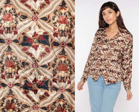Floral Button Up Shirt 90s Shirt Tan Kaleidoscope Geometric Blouse Long Sleeve 1990s Vintage Patterned Shirt Retro Large 12