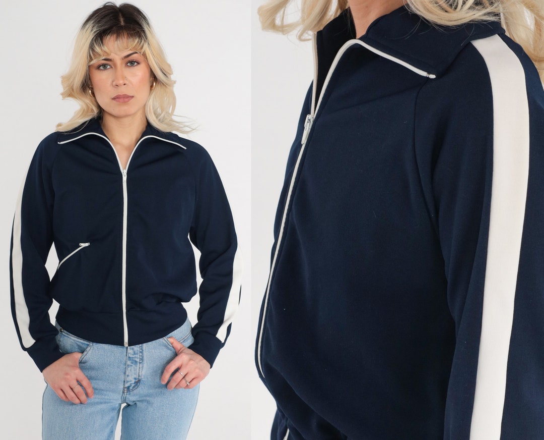Navy Blue Track Jacket 80s Zip up Sweatshirt Basic Retro Bomber White