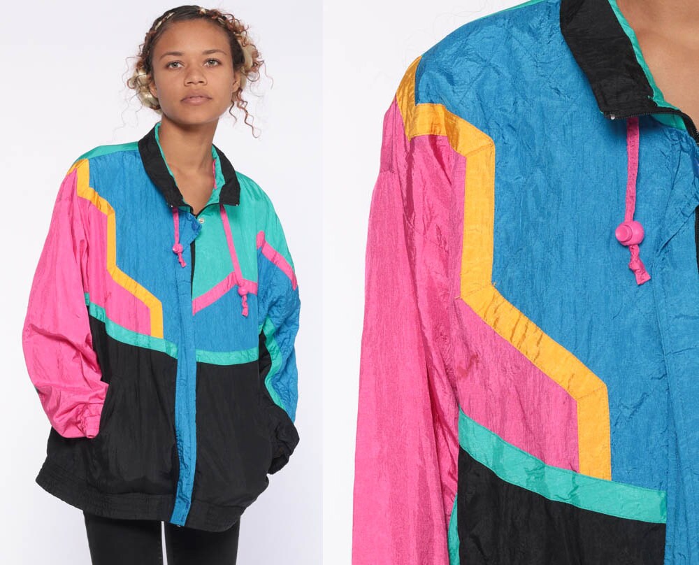 90s Windbreaker 80s Jacket Black Shiny 