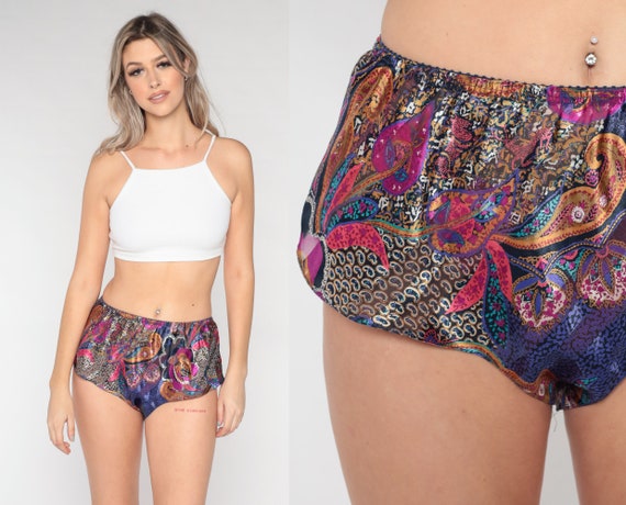 90s Satin Pajama Bottoms Paisley Tap Shorts Linge… - image 1