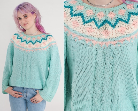 Vintage Icelandic Sweater 90s Pastel Blue Sweater Pink Cable Knit Boho Sweater Ski Sweater Bohemian Fair Isle Sweater 1990s Knit Large L