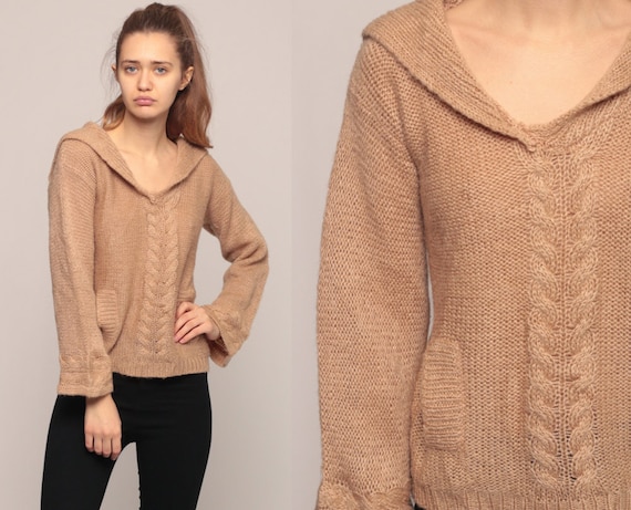 Boho Sweater 70s Cable Knit Sweater Semi-Sheer Sweater Sailor Collar Bohemian Tan Sweater Pullover Vintage Jumper Slouchy Medium