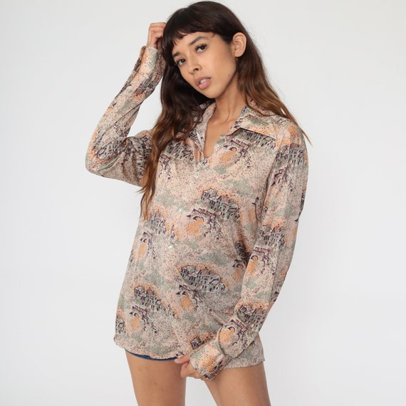 70s Bird Shirt Brown Boho Shirt Bohemian Top Swallow Shirt Geometric Novelty Print Button Up 1970s Hippie Long Sleeve Vintage Medium